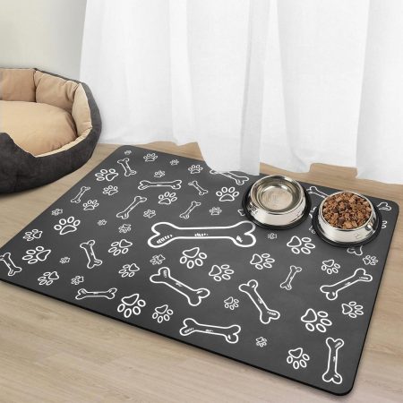 EAERSAN Pet Feeding Mat - Durable Polyester Dog & Cat Food Mat with Paw Print Design, Non-Slip Base, Easy-Clean Surface for Indoor Pets, White & Black, Pet Food Mat, Pet Comfort, Playful Pet Design, Easyclean Surface