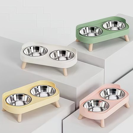 Stainless steel double bowl, dog bowl, cat food bowl, cervical protection, knock and splash food bowl, cat and dog water bowl. Detachable water washing reduces growth