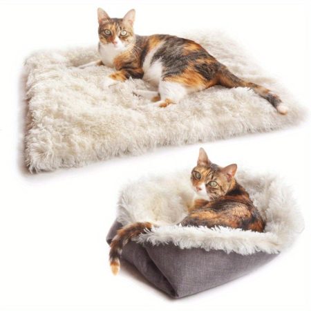 Convertible Cat Bed Mat - Soft Fleece Pet Bed with Removable Cover, Ergonomic Design for Indoor Cats, White & Gray, Durable & Comfortable for Home Use, Cat Bed for Indoor Cats, Indoor Pet Furniture, Plush Pet Bed, Detachable Cover Bed
