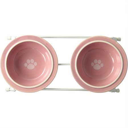 PetRageous 44355 Toftees Paws Diner with Two 1- Cup Dishwasher- Safe Stoneware Bowl Capacity 10. 75- Inch Length 2. 25- Inch Tall for Extra Small and Small Dogs and Cats, White and Pink