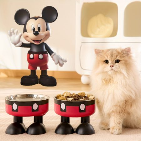 1pc Mickey Cartoon Theme Stainless Steel Pet Elevated Feeding Bowl, 9.47oz Capacity, Neck-Friendly Raised Water and Food Dish with Split Design for Easy Cleaning, Suitable for Dogs and Cats, Perfect Gift for Valentine's Day, Birthday,, etc