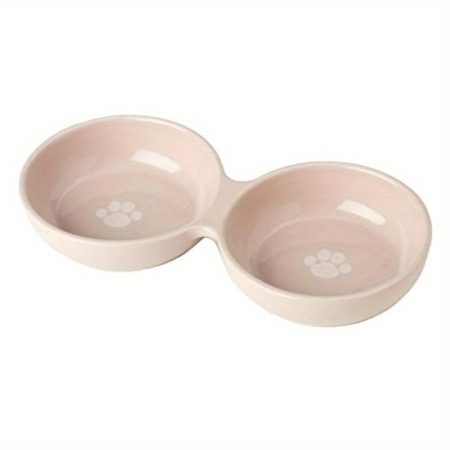 Wubbys Duo Diner Stoneware Bowl 10-Inch Wide, 1.5-Inch Tall, 1-Cup Capacity Each, Pink Cat Design, Non-Slip, Dishwasher & Microwave Safe, Modern Pet Food and Water Bowl for Small Animals, Pet Bowl, Playful Pet Design, Durable Petware